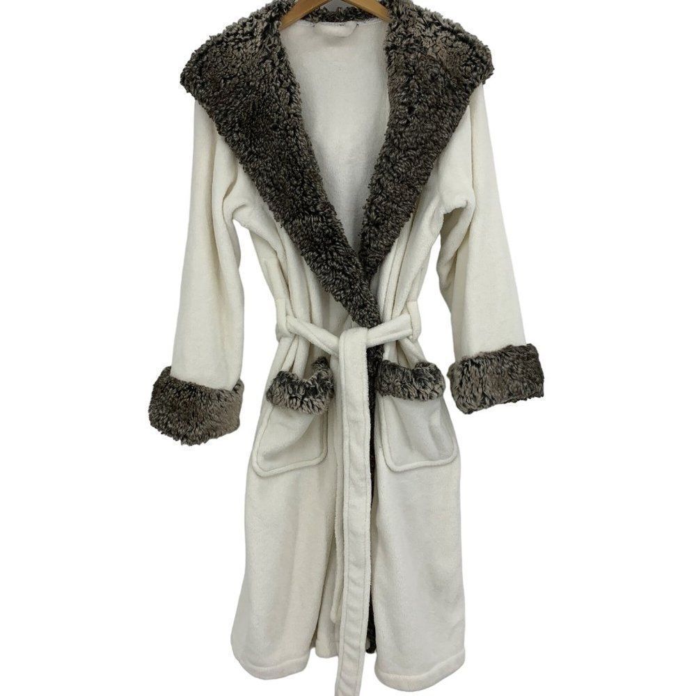 Pottery Barn Gray Ombre Faux Fur Robe Initials JK Custom White Plush M 2608 EUC